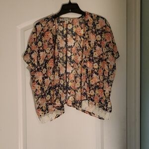 Floral Kimono Blouse Lace Trim